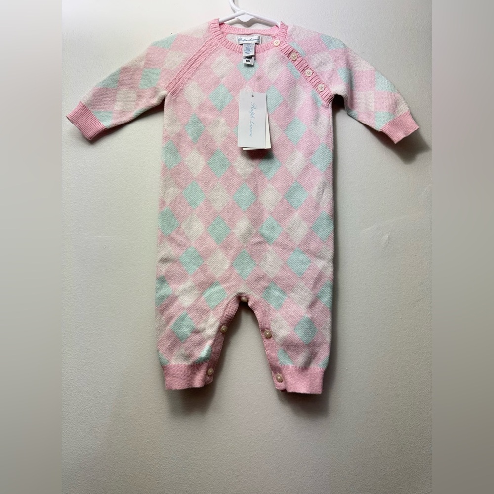 Ralph Lauren Pink and Mint Argyle Knit One-Piece 100%cotton
